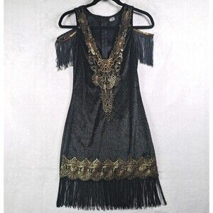 Spirit Halloween Adult Black Velvet Gold Sequin Flapper Dress Small Fringe 20's